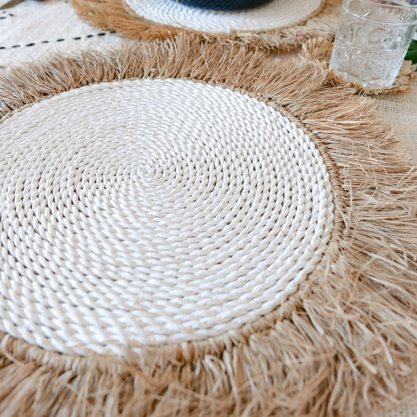 Natural Raffia fringed white placemat