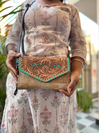 tooled leather hair on hide crossbody handbag