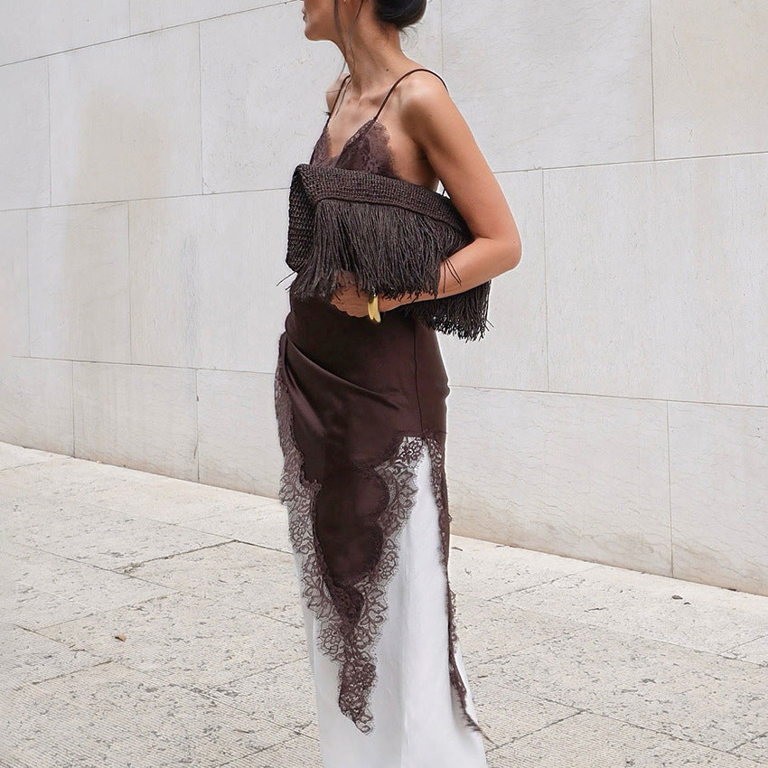 Women Satin Lace Slip Dress – Imitation Silk Lace Slit Inner Dress