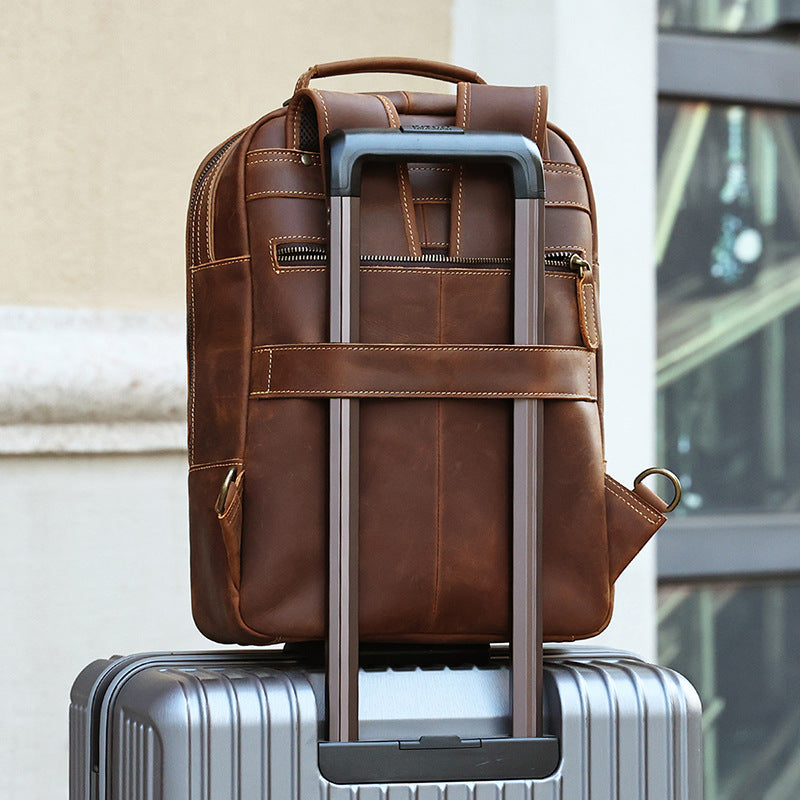 Men’s Leather Backpack with Trolley Sleeve 15.6-Inch Laptop