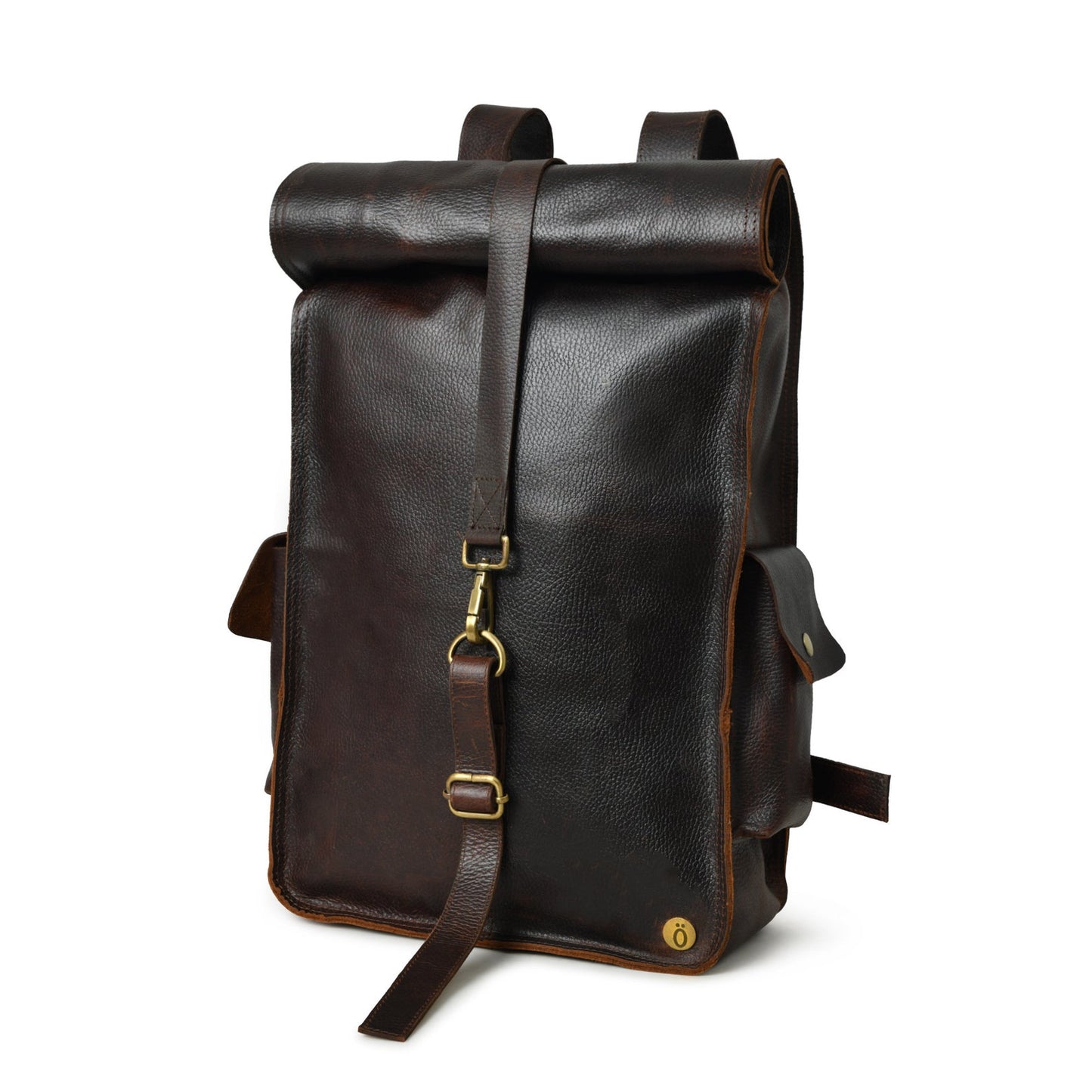 Genuine leather backpack roll top