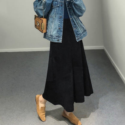 Women Genuine Leather Suede Skirt High Waist Midi Umbrella Cut