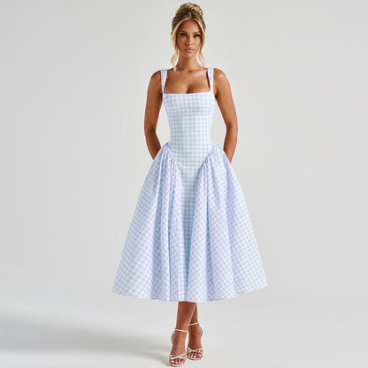 Gingham French Style Plaid Midi Princess Dress