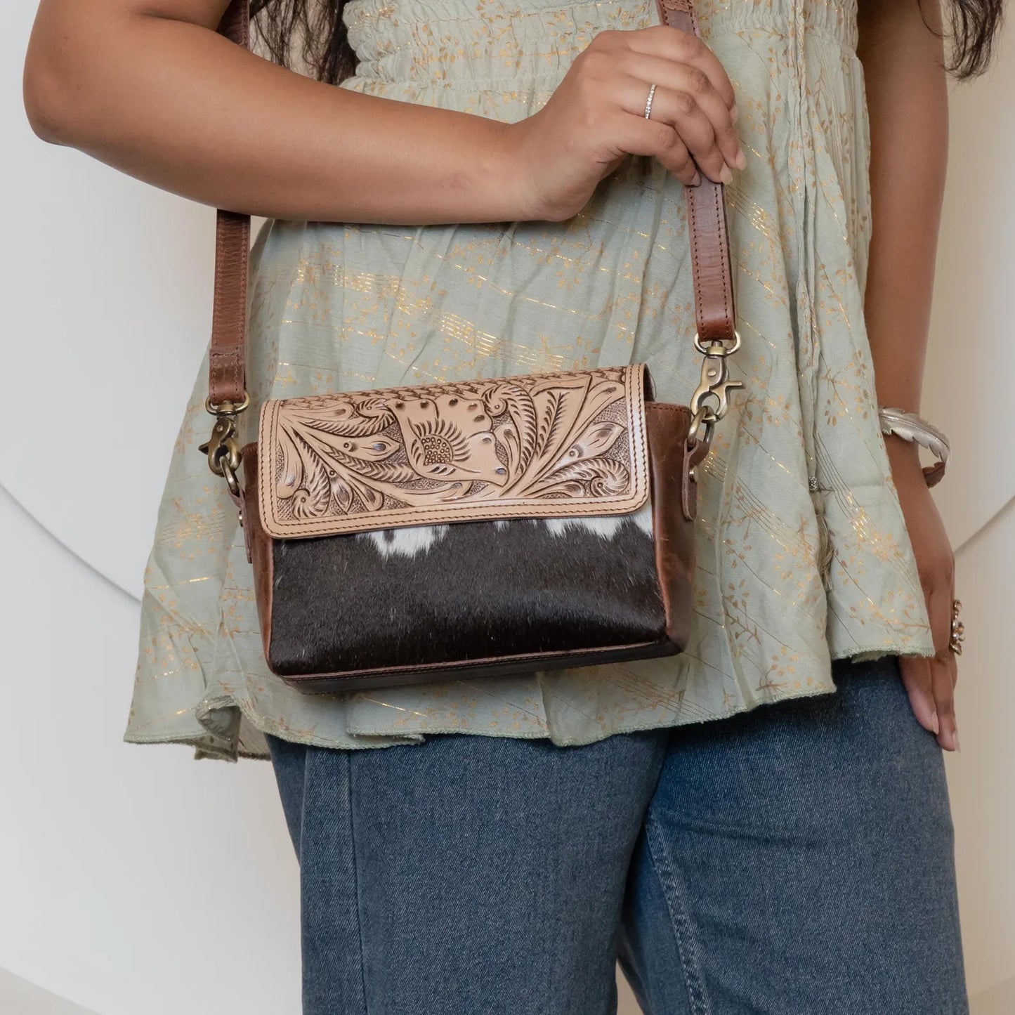 Genuine Cowhide Crossbody Bag With Tooled Leather