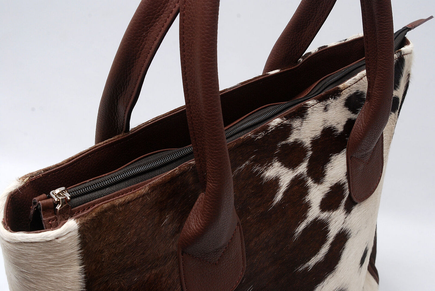 Genuine Dark Brown White Cowhide Tote Purse