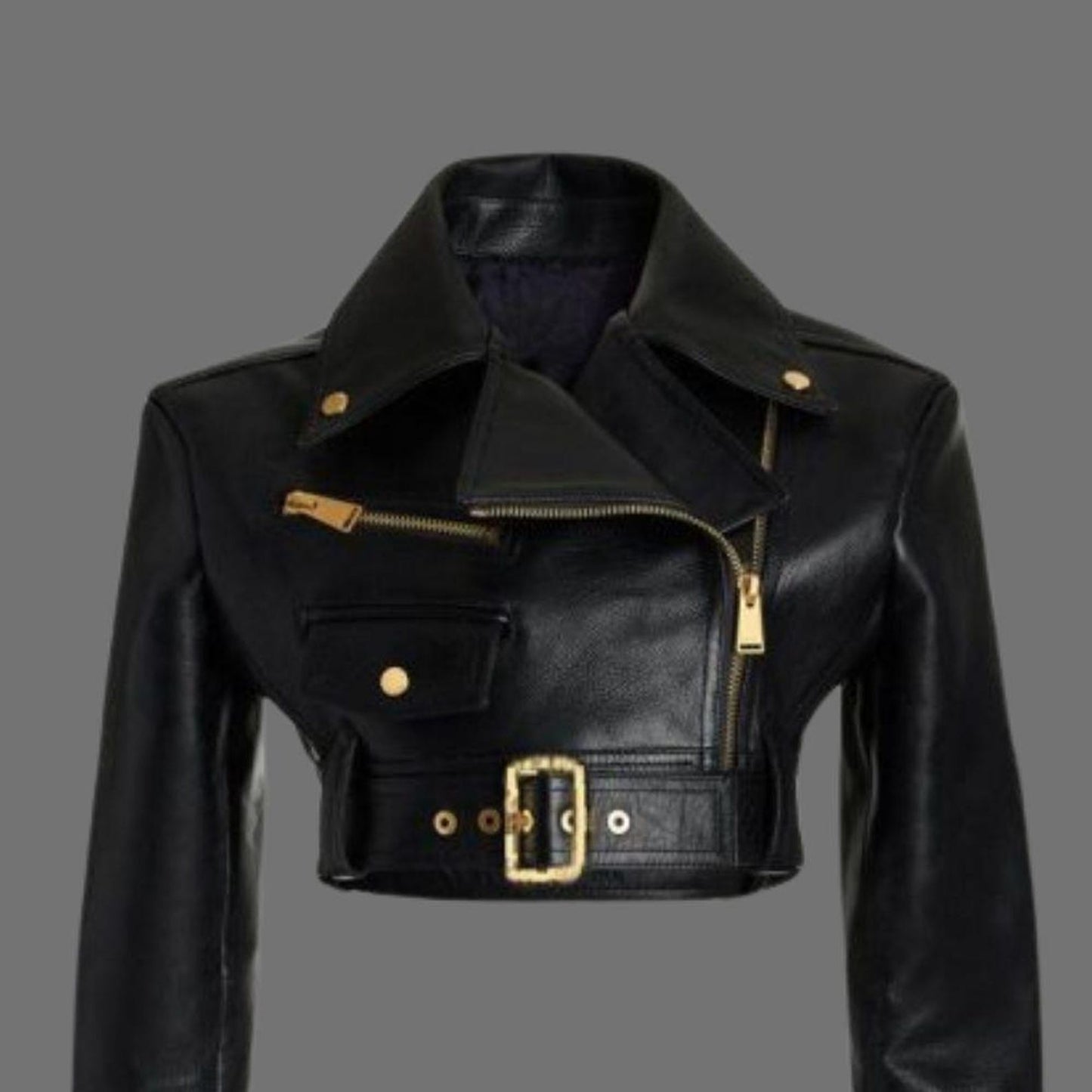 Black Cropped Leather Motorcycle Jacket