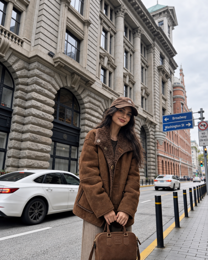 Women's Fur Coat Reversible Lambswool Style in Brown Sheep Wool
