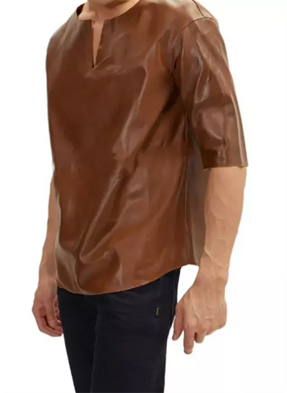 Round Neck Short Sleeve Leather Shirt