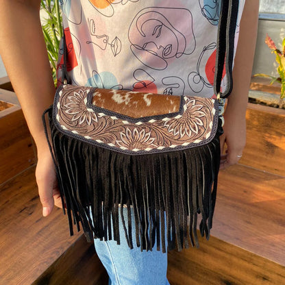 Cowhide Crossbody Bag With Fringes Tooled Lether