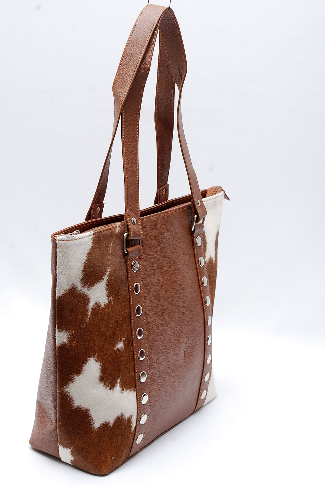 Brown white cowhide leather tote bag