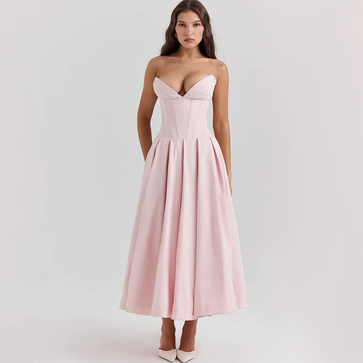 strapless v-neck corset a-line long dress Pink S