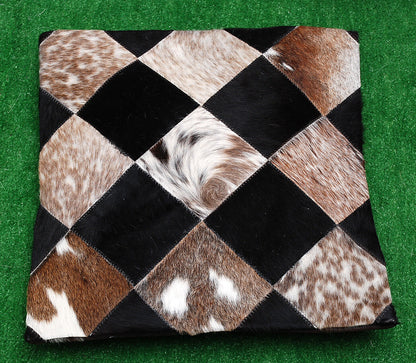 Cowhide Patchwork Pillow Cover Black Brown