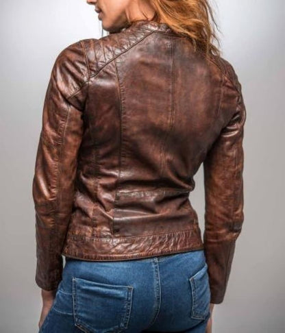 Women Brown Leather Distressed Jacket