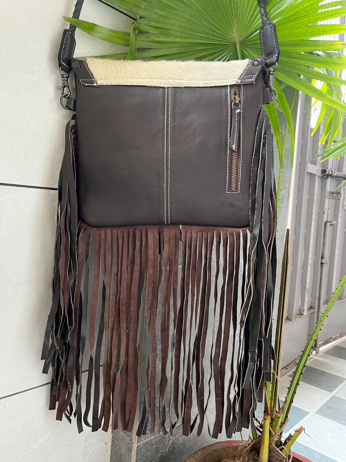 Hair On Cowhide Crossbody Bag With Fringe