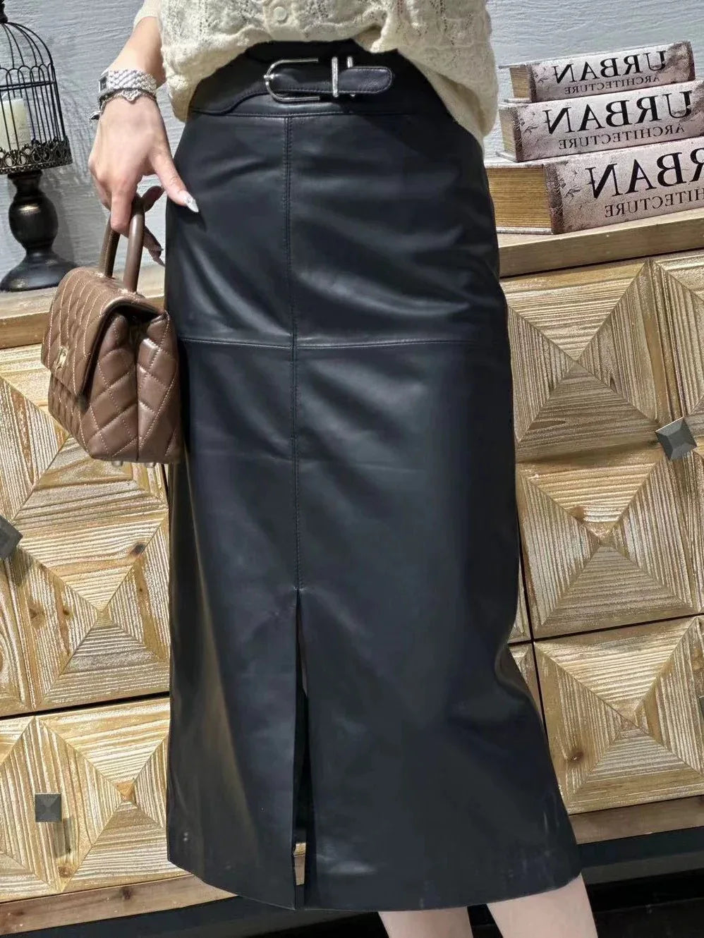 Women sheepskin leather midi skirt with belt