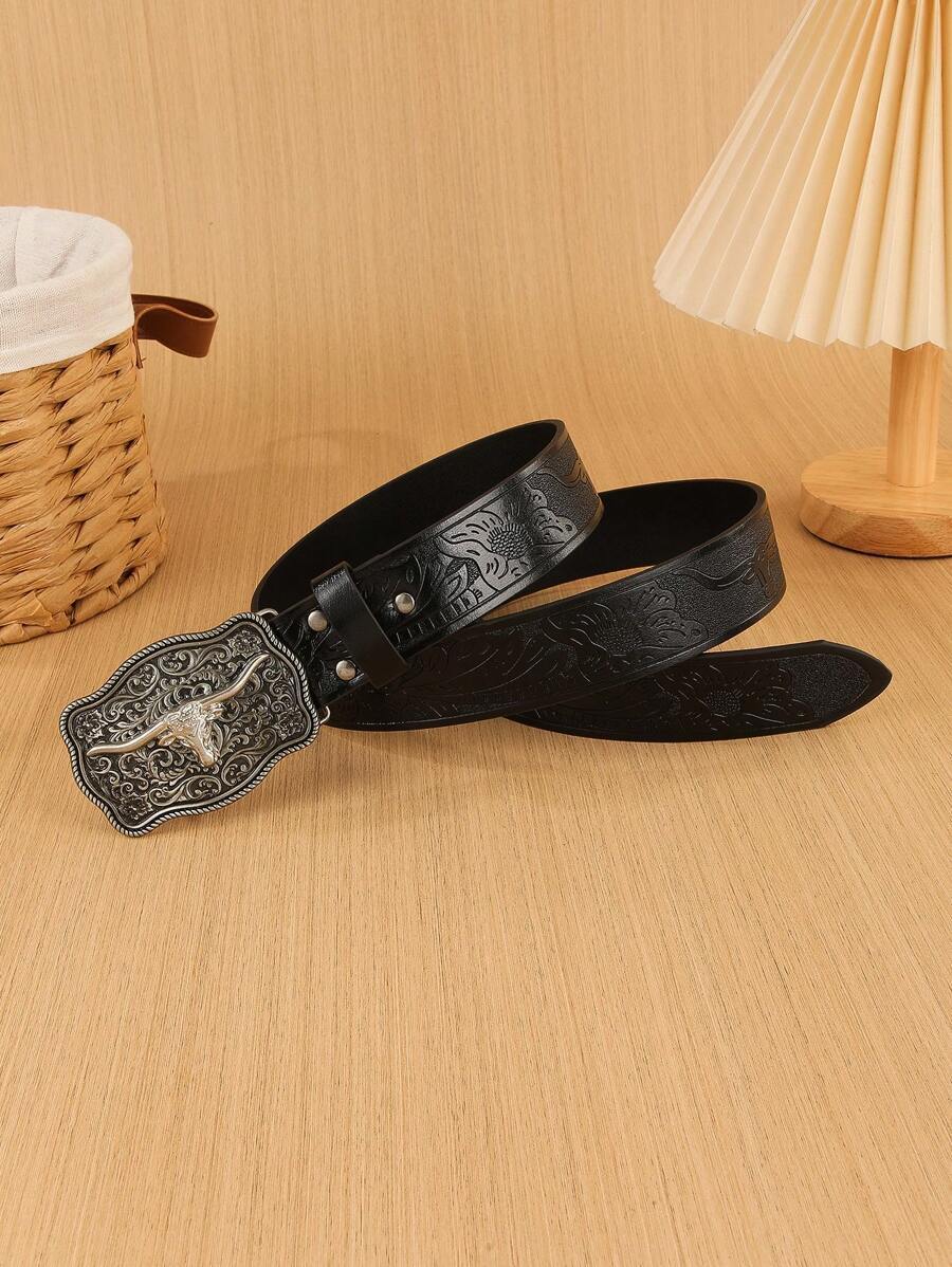 Western Longhorn Buckle Leather Belt for Men