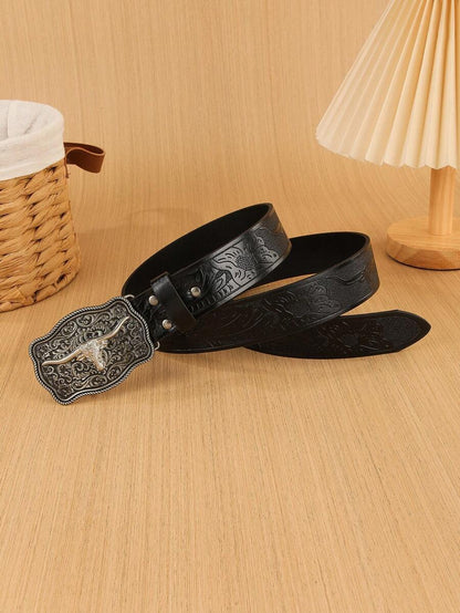 Western Longhorn Buckle Leather Belt for Men
