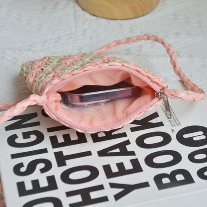 hand woven straw mobile phone bag women