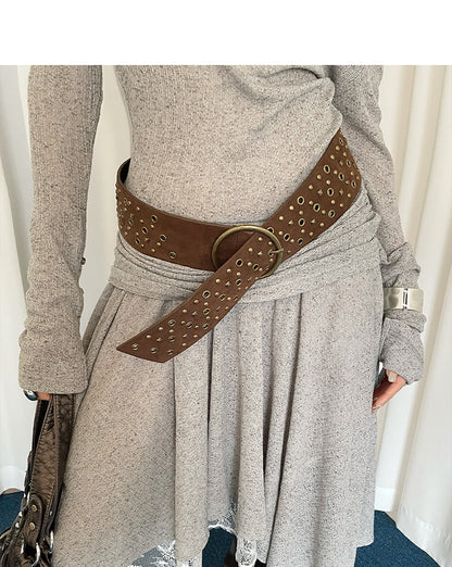 Retro western rivet belt women brown waist chain floral design 7