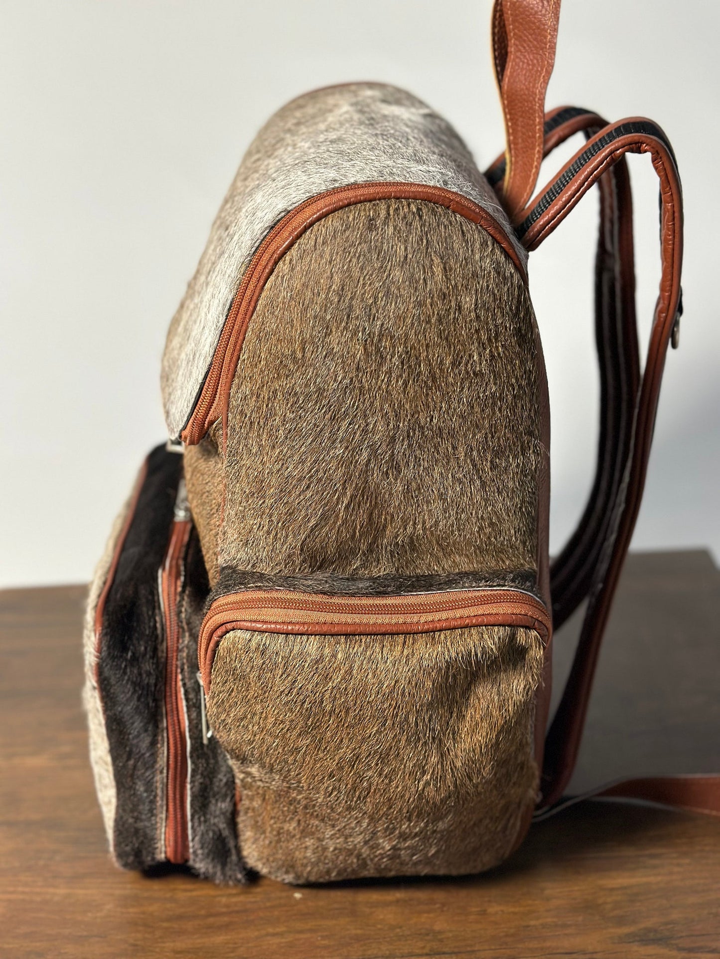 Grey Tan Cowhide Backpack Diaper bag