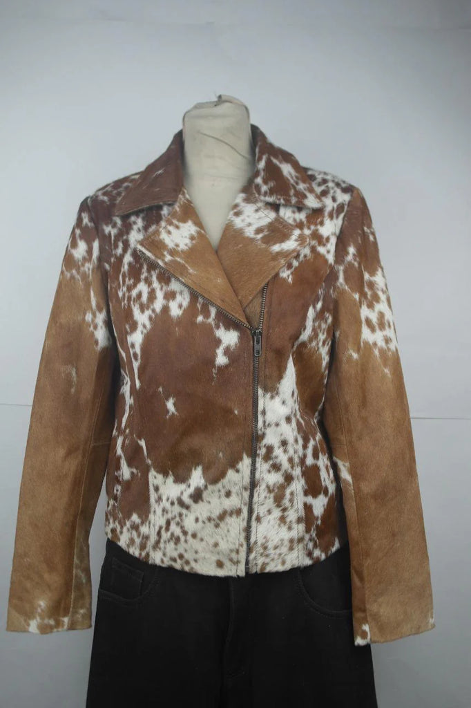 Women Cowhide Jacket Brown White