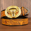 Men’s Leather Cowboy Belt with Bull Head Buckle