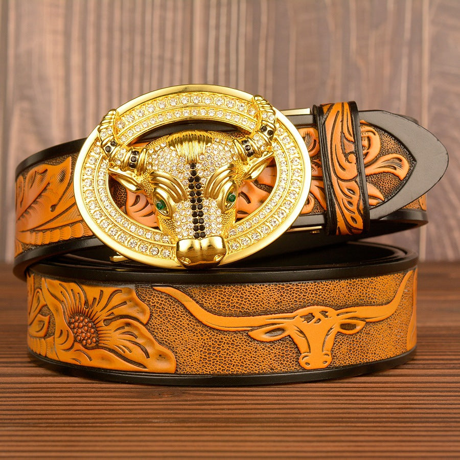Men’s Leather Cowboy Belt with Bull Head Buckle