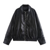 Women Faux Leather Bomber Jacket with Zipper Front