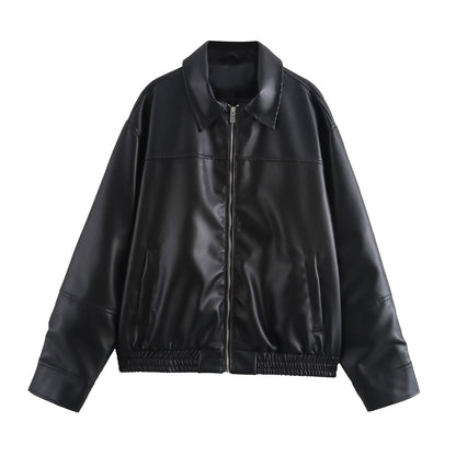 Women Faux Leather Bomber Jacket with Zipper Front