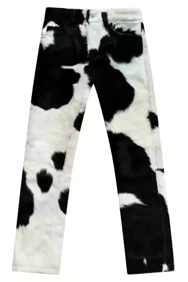 Western-style cowhide pants crafted from hair-on calfskin. These cow fur trousers deliver bold rodeo appeal and are perfect for southern wedding looks.
