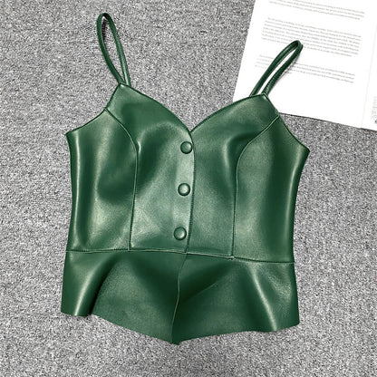 Women Genuine Leather Tube Top Black Bustier with Straps