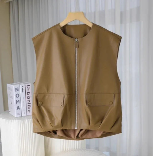 Women Real Soft Leather Zip Vest Office Vest 1 S