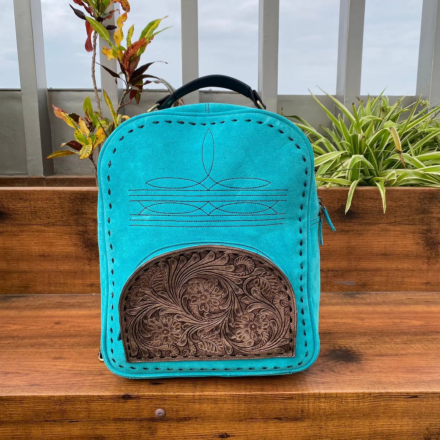 Cowhide Suede Backpack With Tooled Pockets