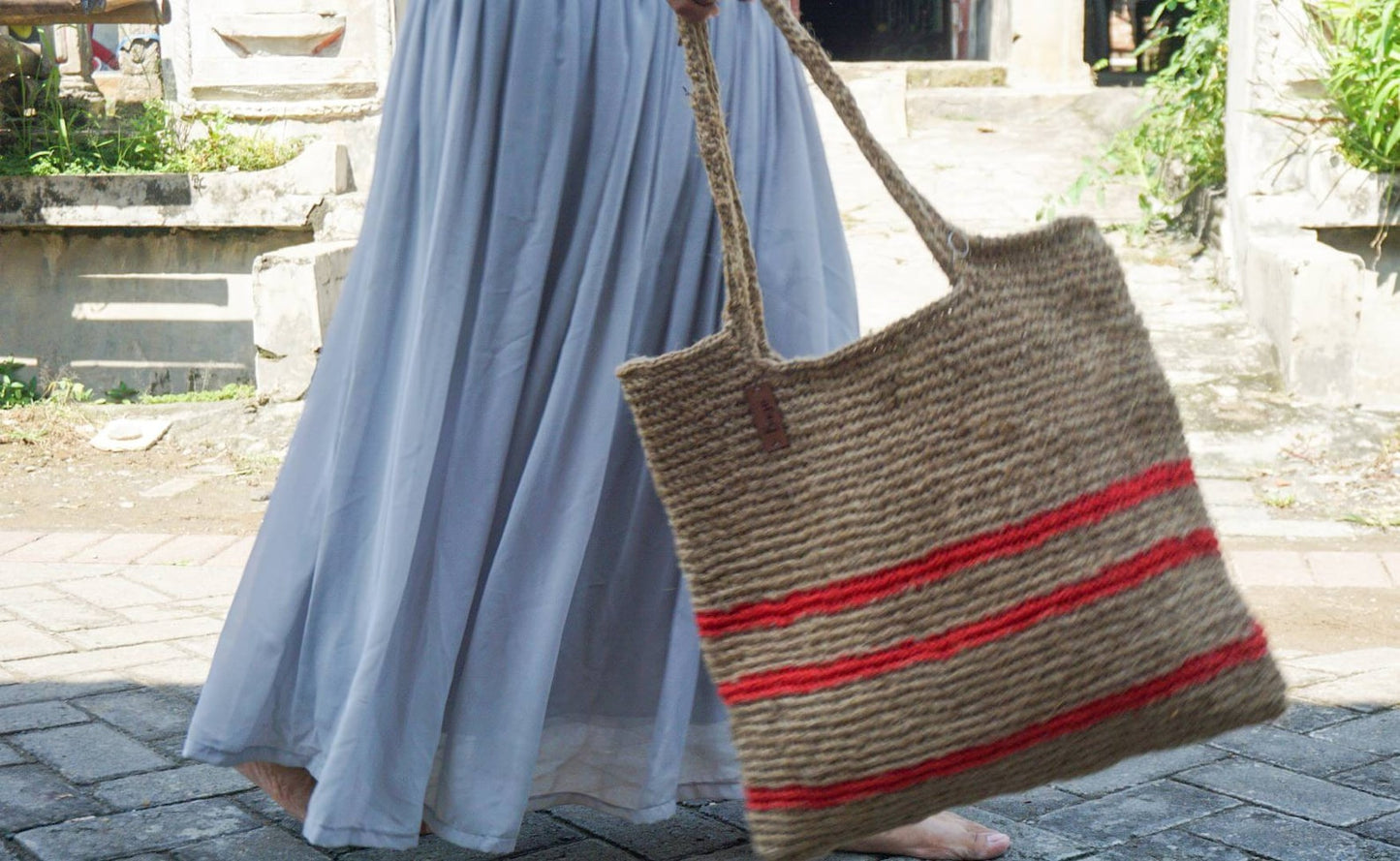 Large jute crochet shoulder bag crochet with stripe