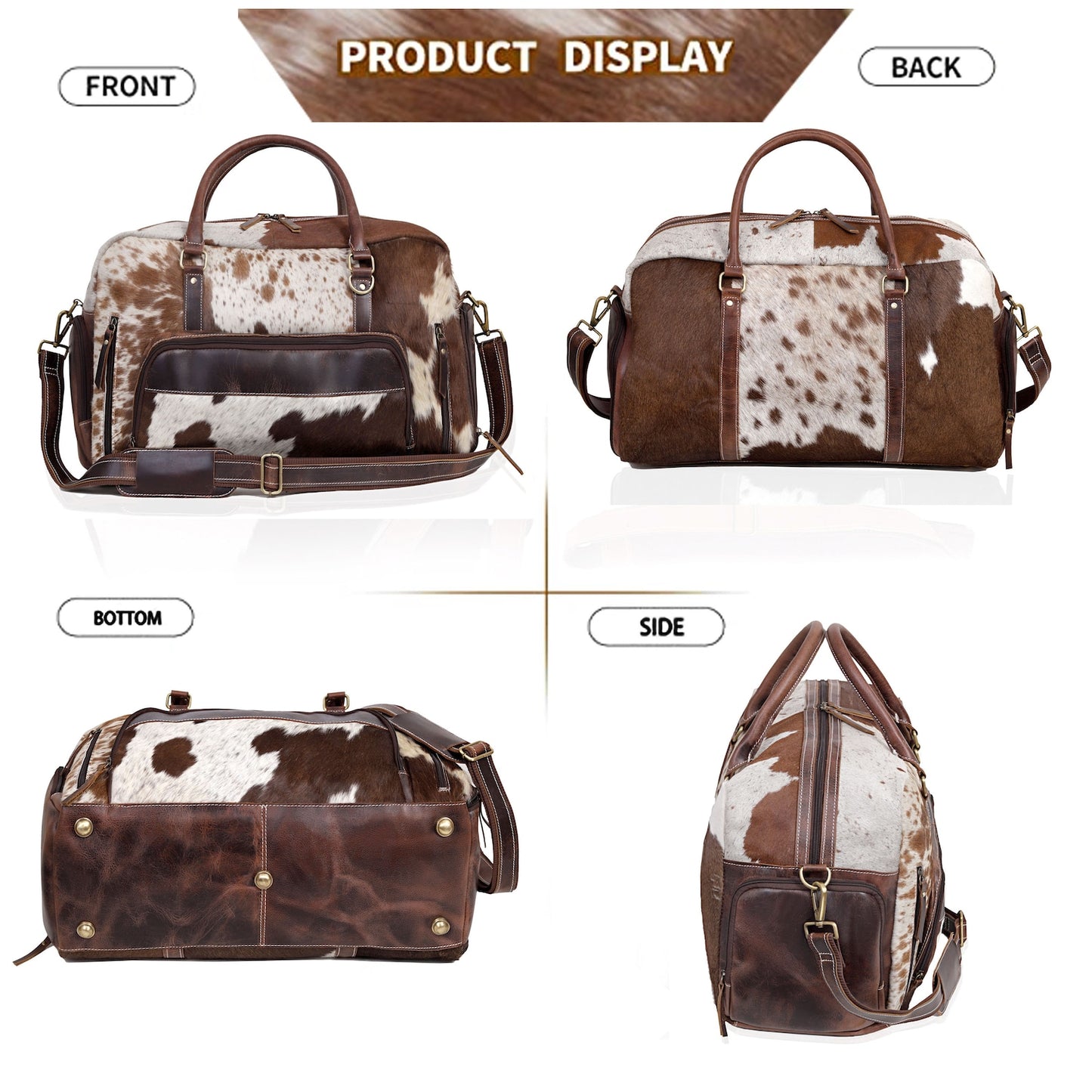 Experience luxury travel with this cow skin weekender bag, designed for your ultimate comfort.