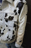 Real cowhide fur jacket for men in a tricolor cow pattern. Tailored cowboy coat designed for rodeo events, ranch fashion, and cow print lovers.