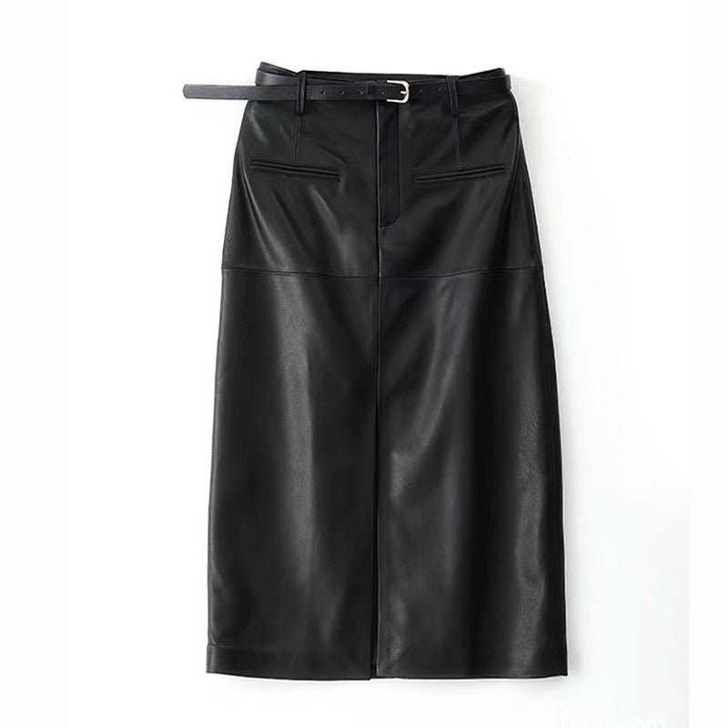 Genuine Leather Skirt High Waisted Slim Fit with Front Slit