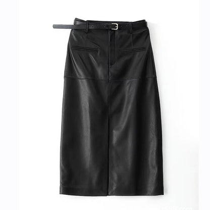 Genuine Leather Skirt High Waisted Slim Fit with Front Slit