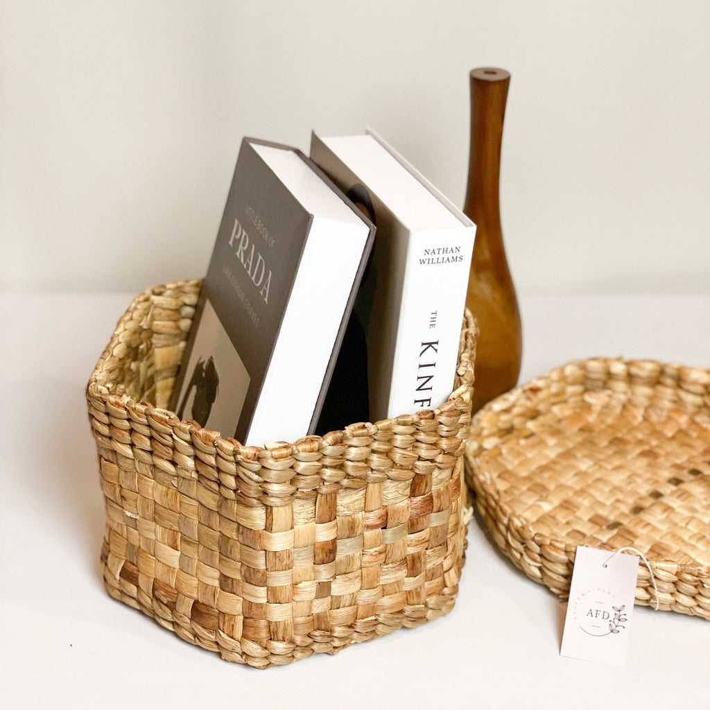 Set of 2 wicker hexagon water hyacinth storage baskets