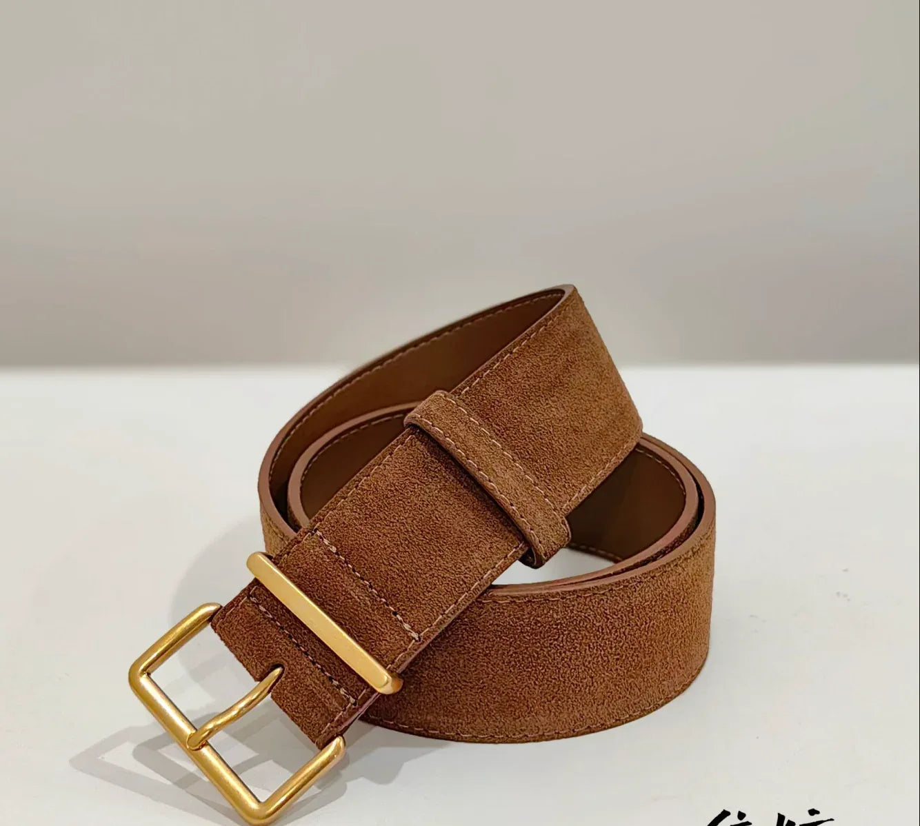 Women suede leather wide belt for coats caramel