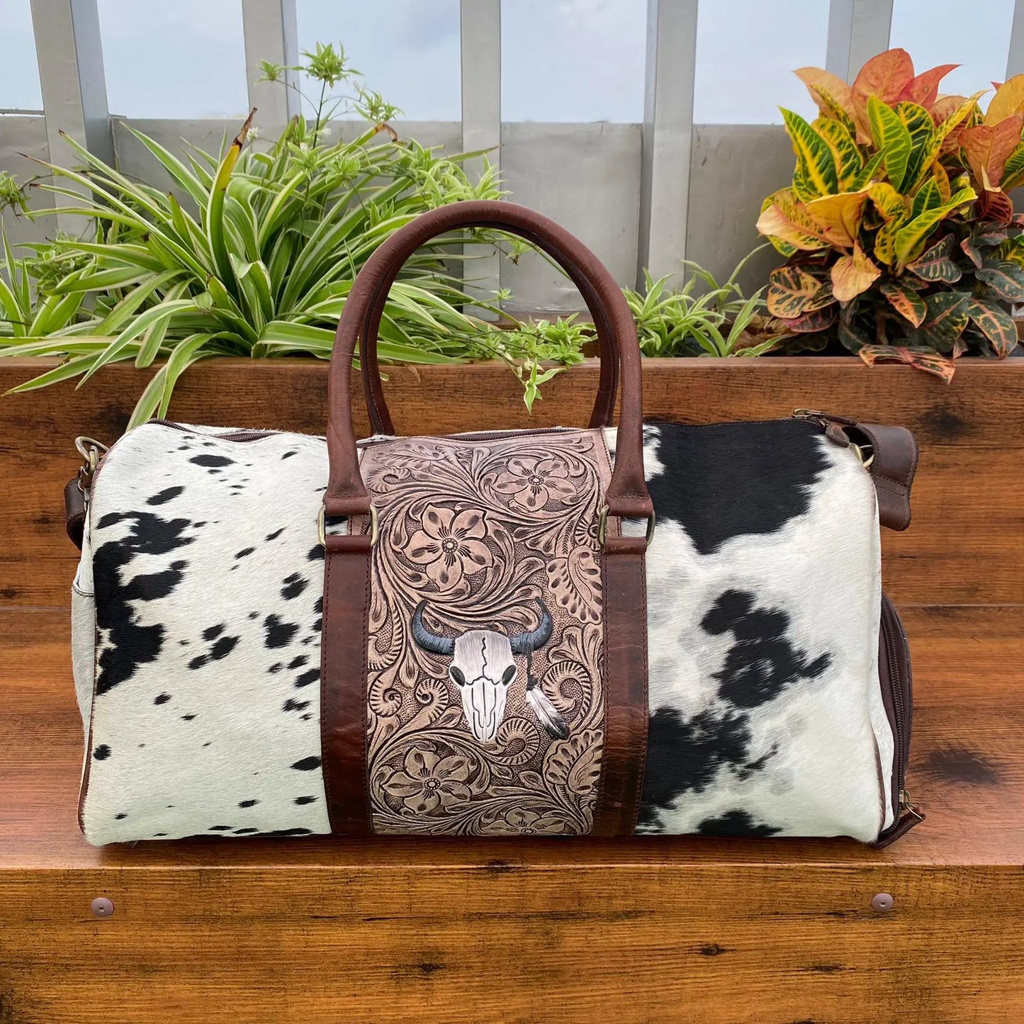 Cowhide Luggage Duffle Bag With Tooled Leather