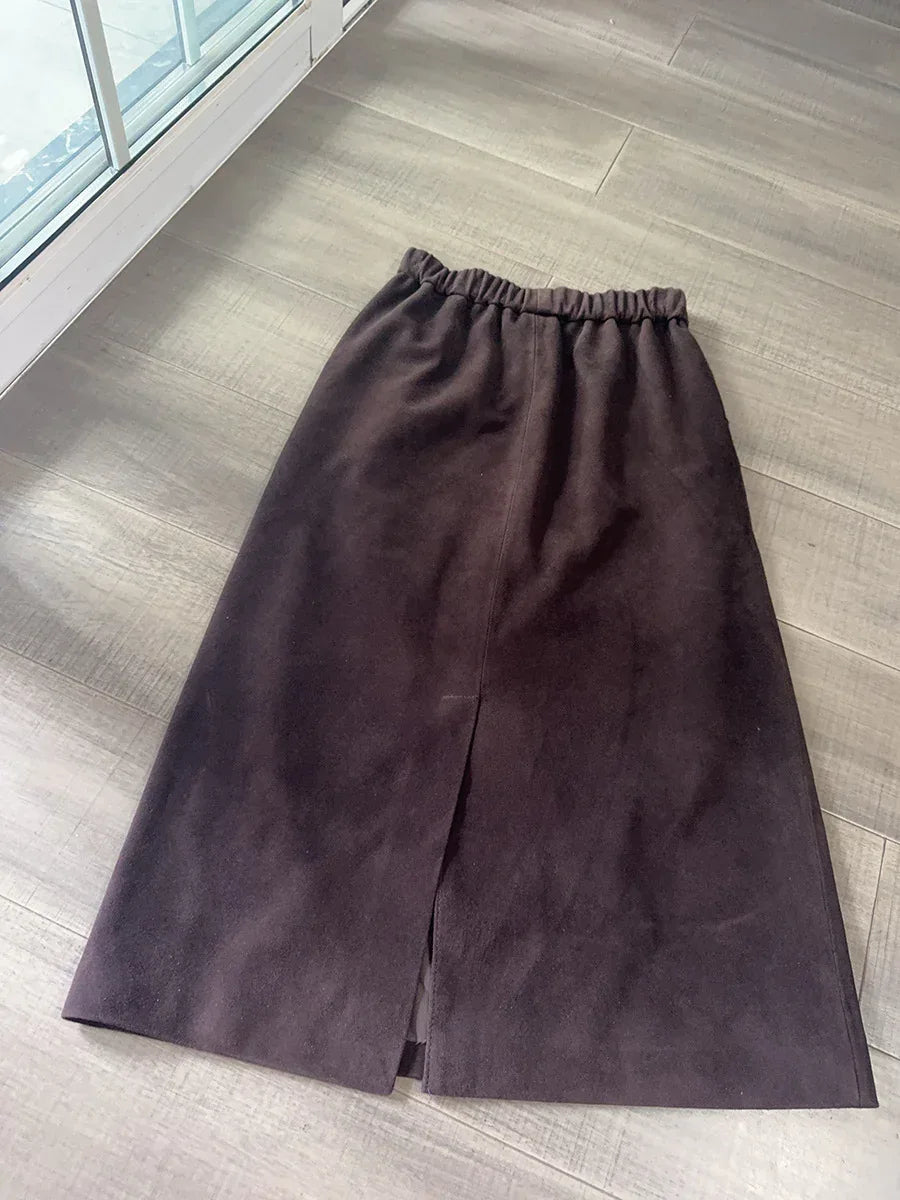 Women’s Genuine Suede Midi Skirt High Waist