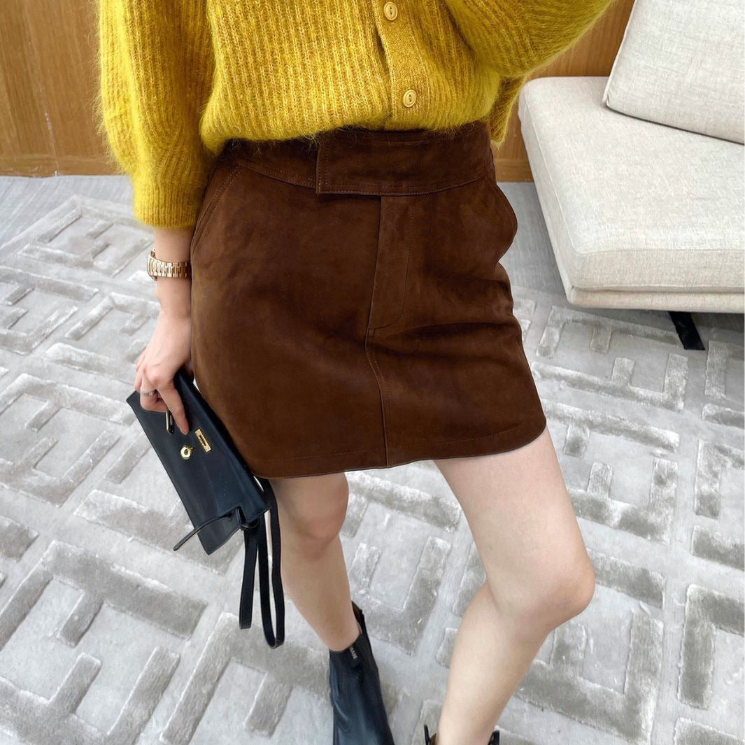 Genuine Suede Leather Mini Skirt High Waist for Women