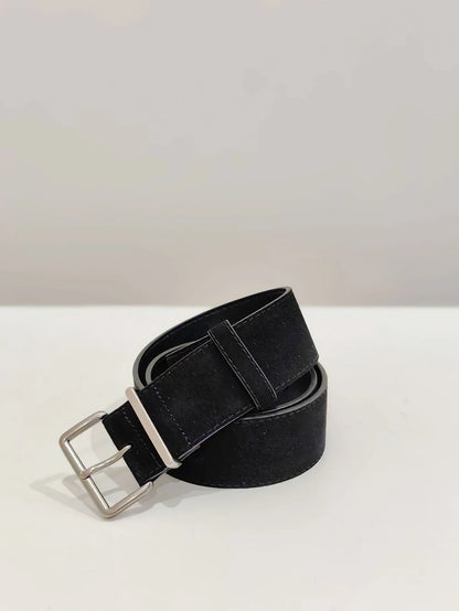 women suede leather wide belt with silver buckle black