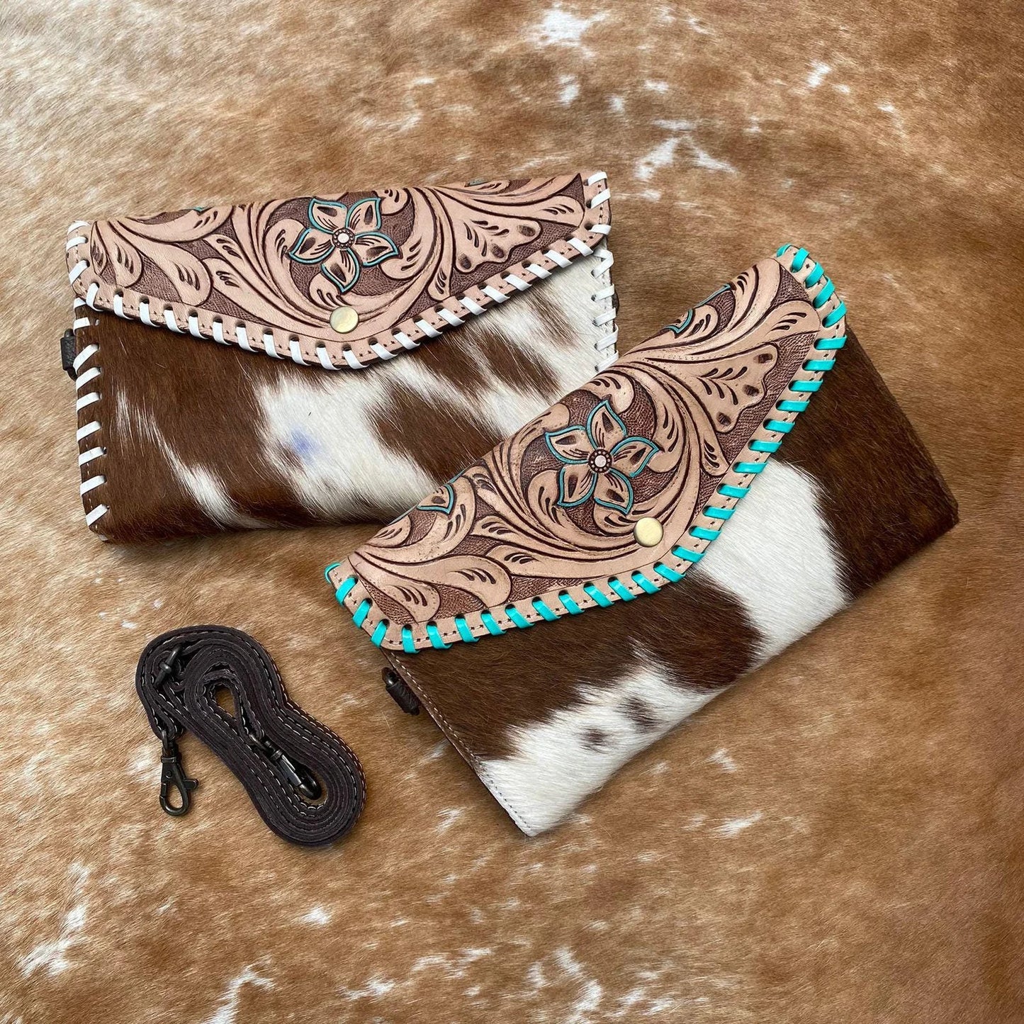 Tooled Cowhide Wallet Brown White