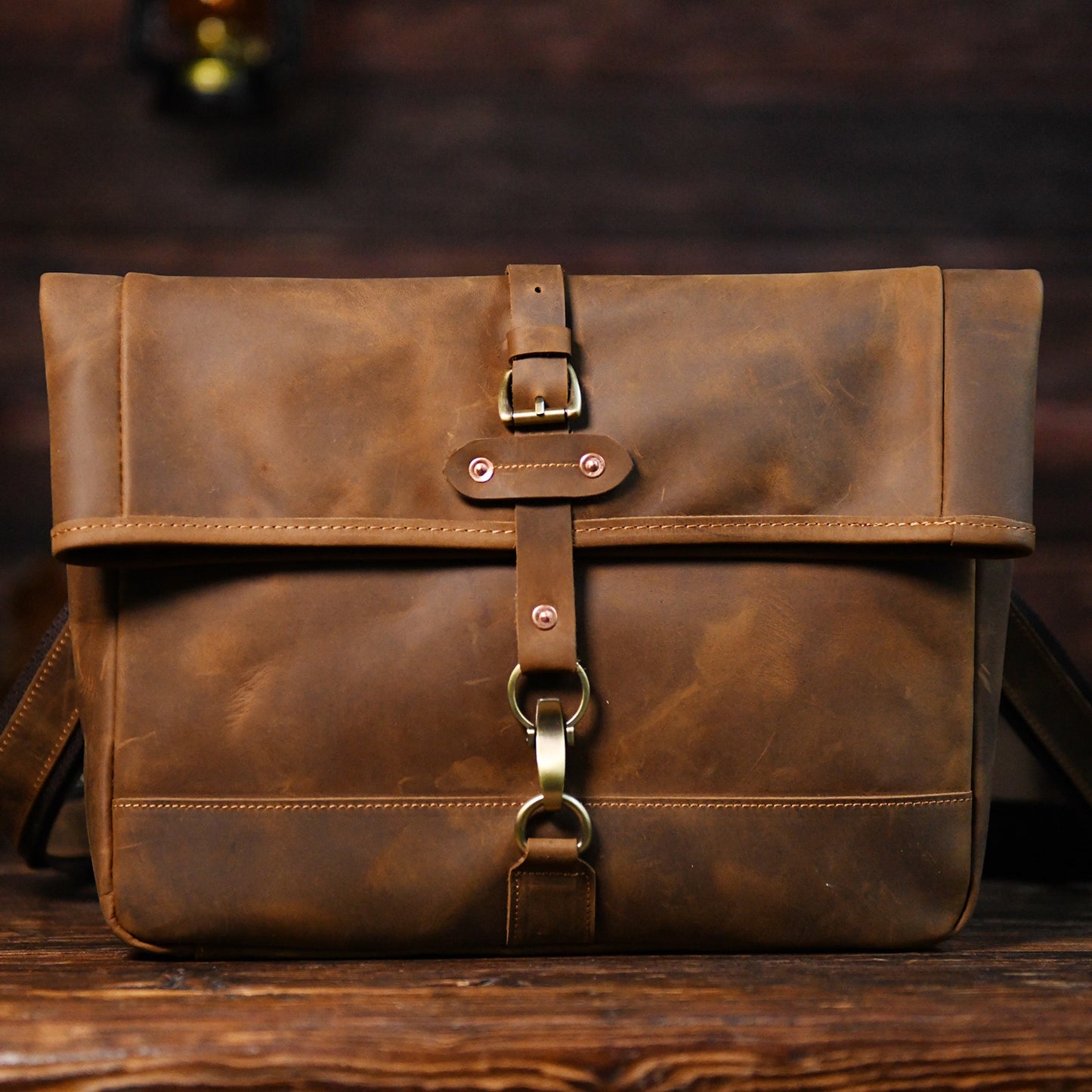 Men’s Crazy Horse Cowhide Leather Motorcycle Messenger Bag