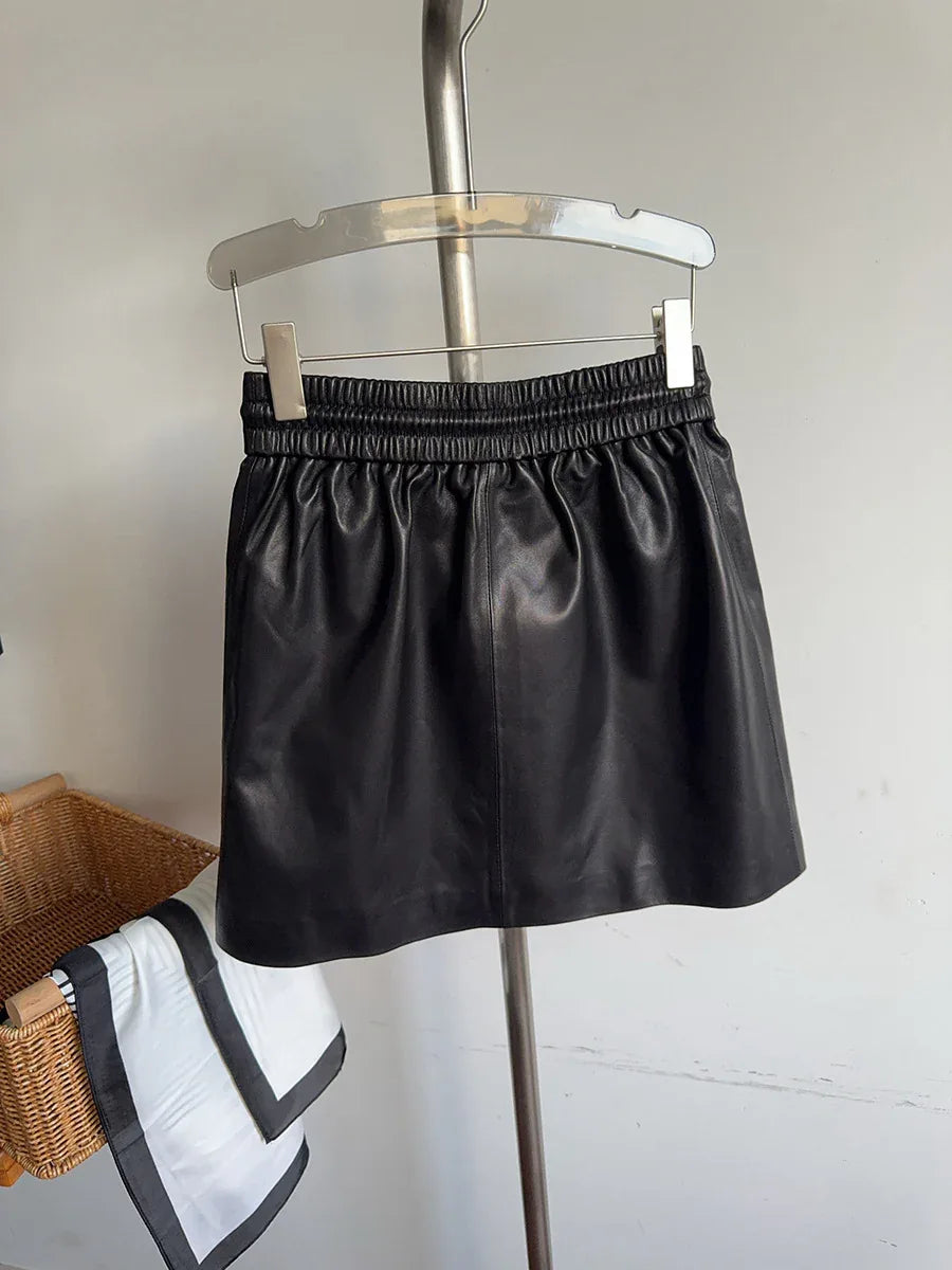 Genuine sheepskin leather mini skirt with drawstring