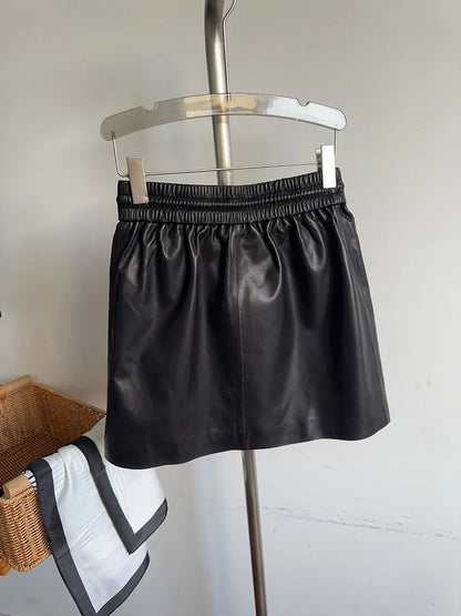 Genuine sheepskin leather mini skirt with drawstring