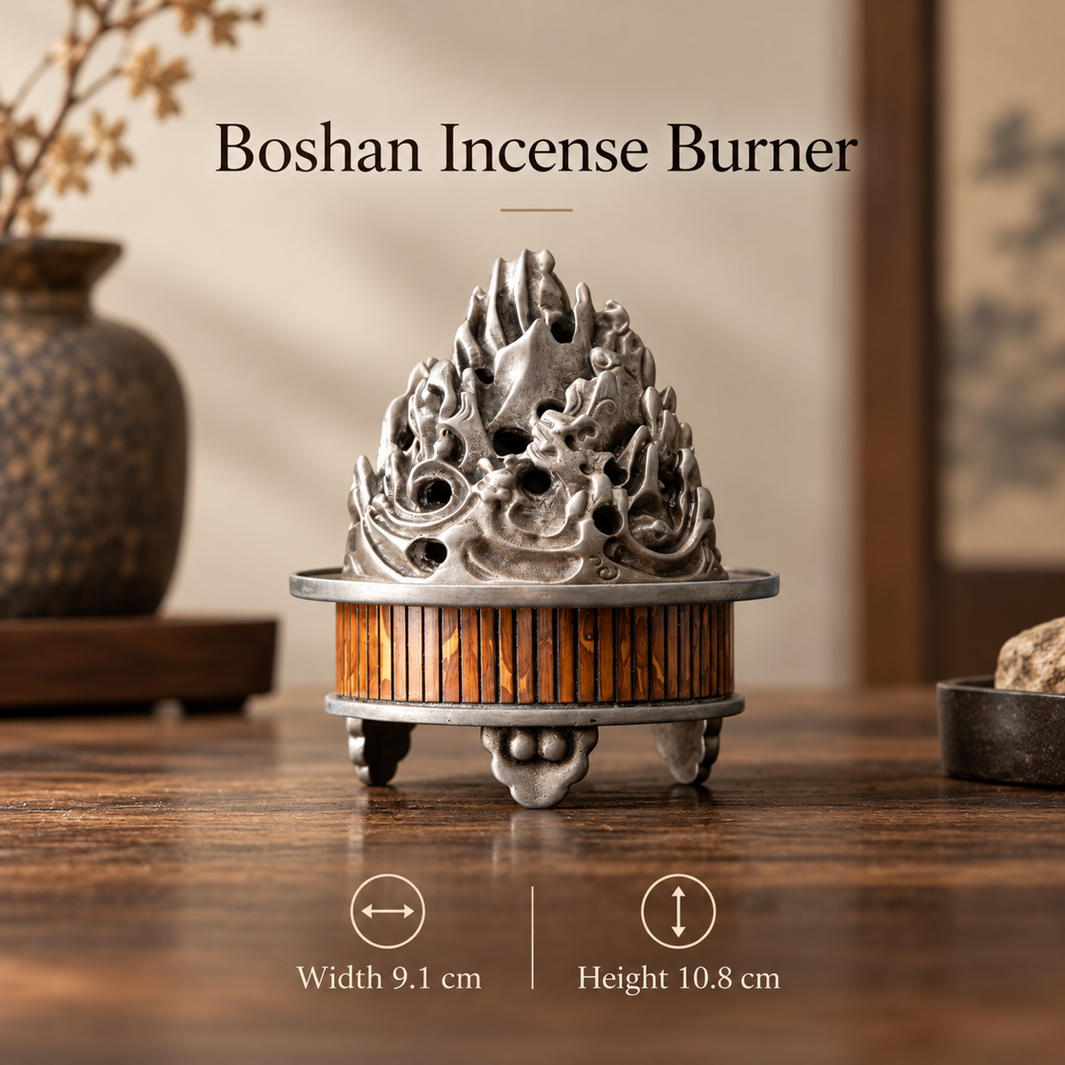 Incense Burner with Bamboo Alloy Detailing and Decorative Openwork Cover