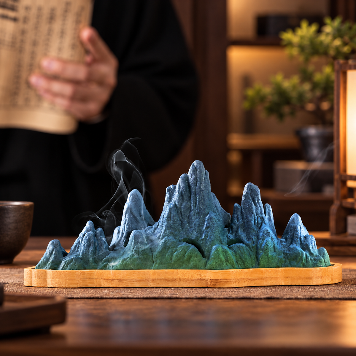 Mountain Incense Burner with Ceramic Landscape and Bamboo Base